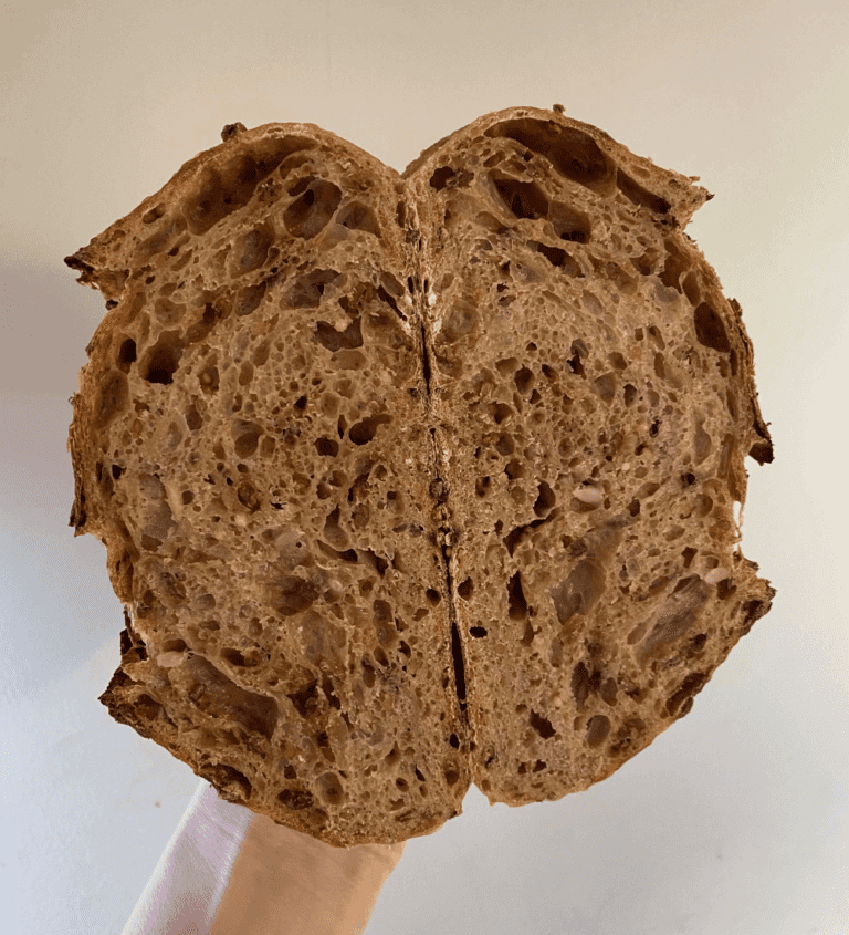 Maltchester loaf cut in half showing the air inside the bread
